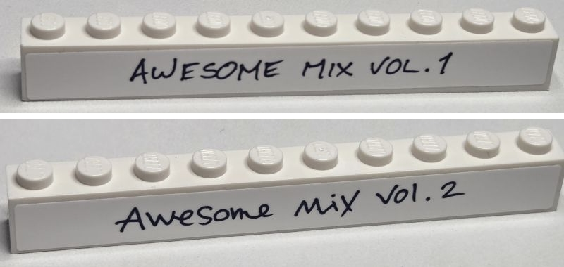 Lego Brick 1 x 10 with 'AWESOME MIX VOL. 1' and 'AWESOME MIX VOL. 2' Pattern on Both Sides (Stickers) - Set 76217 / White