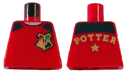Lego Torso Shirt with Black Shoulders, Hogwarts Emblem, and Gold 'POTTER' and Star on Back, Light Nougat Neck Pattern / Red