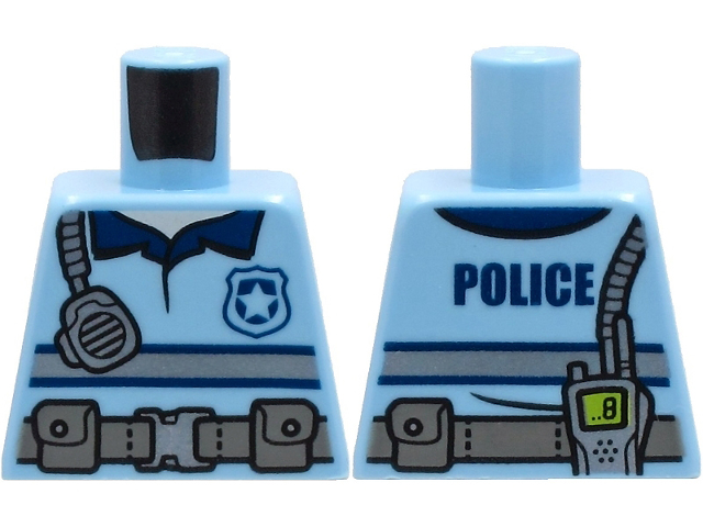 Lego Torso Police Shirt with Silver and Dark Blue Stripes, Utility Belt, Radio and 'POLICE' on Back Pattern / Bright Light Blue