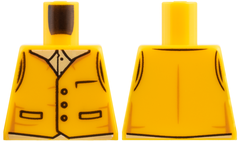 Lego Torso Vest with Black Outline Buttons and Pockets, Tan Shirt Collar Pattern / Bright Light Orange