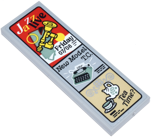 Lego Tile 2 x 6 with Sign with 'Jazz live' and Yellow Trumpet, 'New Model T.C.' and Typewriter, and 'Tea Time?' and White Tea Pot and Cup Pattern (Sticker) - Set 21347 / Light Bluish Gray