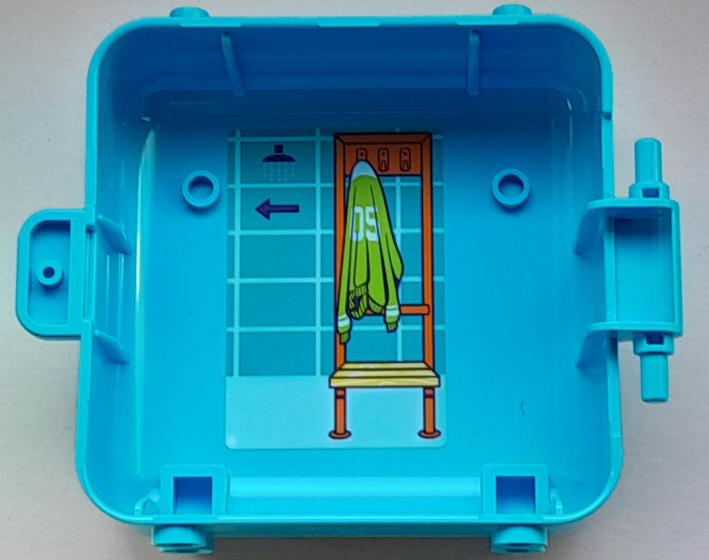 Lego Container, Box 3 x 8 x 6 2/3 Half Front with Backpack with Headphones, Zipper, Flaming Soccer Ball and 'GO TEAM' and Sports Changing Room with Bench, Jacket and Shower on Inside Pattern (Sticker) - Set 41669