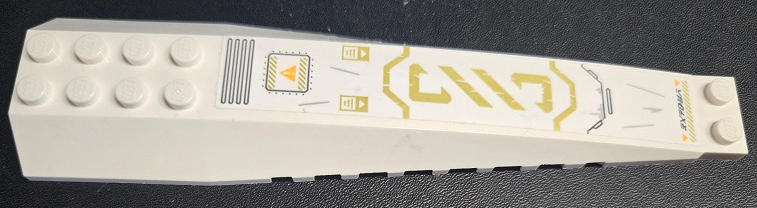 Lego Wedge 16 x 4 Triple Curved with Reinforcements with Black Air Vent, Exclamation Mark in Orange Warning Triangle, Gold Stripes and Ninjago Logogram 'DANGER' Pattern (Sticker) - Set 71756 / White