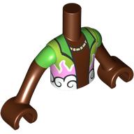 Lego Minidoll Torso Boy with Reddish Brown Arms and Hands with Lime/Bright Green Open Shirt, Bright Pink Flames, White Waves Print
