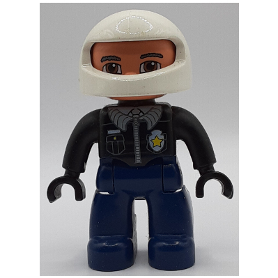 Lego Duplo Figure with Helmet White, with Dark Blue Legs, Black Top with Police Badge, Black Arms and Hands / Black