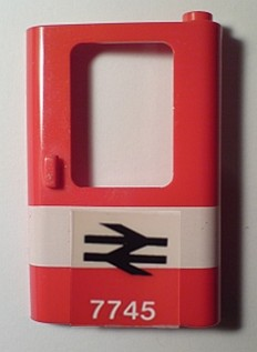 Lego Door 1 x 4 x 5 Train Right, Thin Support at Bottom with White Stripe and British Railways '7745' Pattern (Sticker) - Set 7745