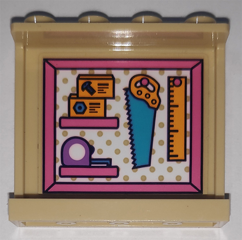 Lego Panel 1 x 4 x 3 with Side Supports - Hollow Studs with Tape Measure, Saw and Ruler Pattern on Inside (Sticker) - Set 41340 / Tan