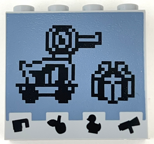 Lego Brick 1 x 4 x 3 with Black Pixelated Duck on Wheels and Present / Gift on Sand Blue Background and Cup, Apple, Duckling, and Megaphone Icons Pattern