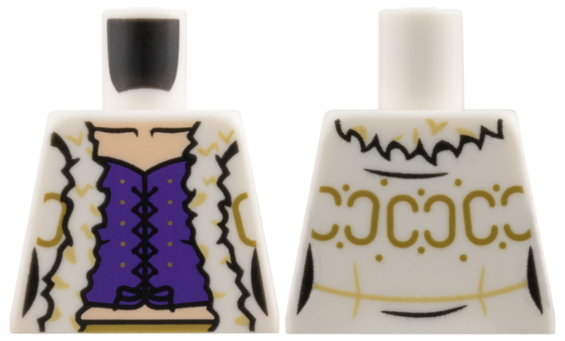 Lego Torso Female Jacket with Gold Trim, Light Nougat Neck, Dark Purple Corset Pattern / White