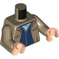 Lego Torso Jacket, Open over Dark Blue Sweater with Zipper, Bright Light Blue Undershirt Print, Dark Tan Arms, Light Nougat Hands