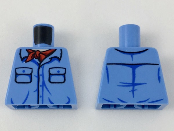 Lego Torso Safari Shirt with Pockets and Blue Buttons, Red Neckerchief Scarf, Light Nougat Neck Pattern / Medium Blue