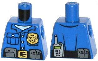 Lego Torso Police Shirt with White Undershirt, Gold Badge and Buckle, Black Belt with Pouches on Front, Radio on Back Pattern / Blue