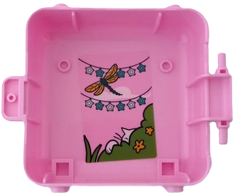 Lego Container, Box 3 x 8 x 6 2/3 Half Front with Cat Face with Dark Turquoise Splotches and Dragonfly, String of White and Dark Azure Stars, White Cat Hiding Behind Lime Bushes and Flowers Pattern (Sticker) - Set 41665