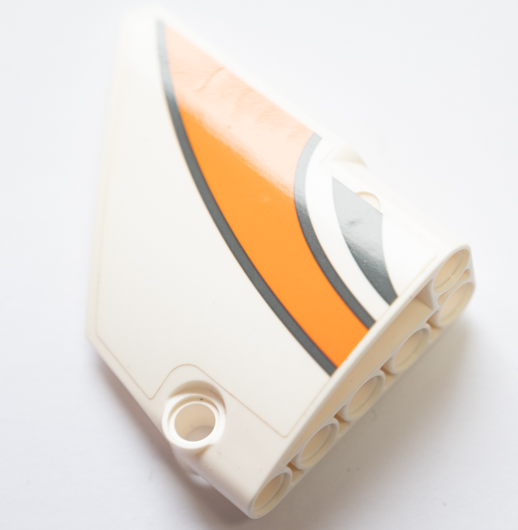 Lego Technic, Panel Fairing #13 Large Short Smooth, Side A with Dark Bluish Gray and Orange Stripes Pattern (Sticker) - Set 42052 / White