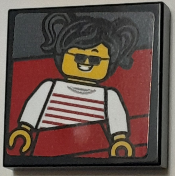Lego Tile 2 x 2 with Photo of Girl Minifigure with Black Hair, Sunglasses and White Striped Top in Red Roller Coaster Seat Pattern (Sticker) - Set 40429 / Black