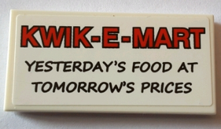 Lego Tile 2 x 4 with Red 'KWIK-E-MART' and Black 'YESTERDAY'S FOOD AT TOMORROW'S PRICES' Pattern (Sticker) - Set 71016 / White