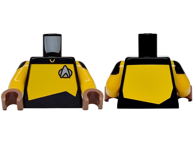 Lego Torso Uniform Vest with Gold and Silver Star Trek Starfleet Insignia, Bright Light Orange Front and Back Panel Pattern / Bright Light Orange Arms with Black Shoulders Pattern / Medium Brown Hands