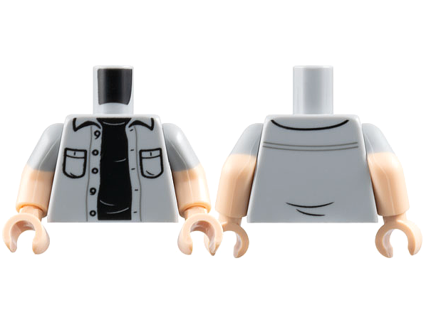 Lego Torso Button Up Shirt Open with Pockets over Black Shirt Pattern / Light Nougat Arms with Molded Light Bluish Gray Short Sleeves Pattern / Light Nougat Hands
