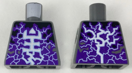 Lego Torso White and Bright Light Blue Rogul Symbol and Lightning over Dark Purple and Black Pattern / Dark Bluish Gray