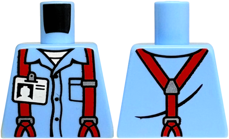 Lego Torso Shirt with Collar, Buttons and Pocket, Red Suspenders with Silver Buckles, White Undershirt, ID Badge Pattern / Bright Light Blue