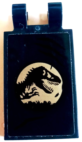 Lego Tile, Modified 2 x 3 with 2 Open O Clips with Black Claw Marks and Silver Jurassic World Logo Pattern Model Left Side (Sticker) - Set 75940 / Dark Blue