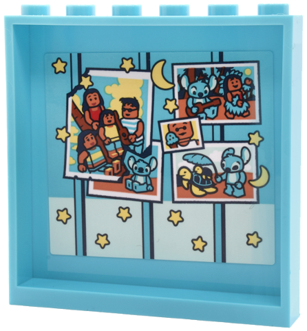 Lego Panel 1 x 6 x 5 with Wall Panel, Snapshot Pictures of Lilo and Stitch Scenes, Bright Light Yellow Stars and Moon Stickers Pattern (Sticker) - Set 43268 / Medium Azure