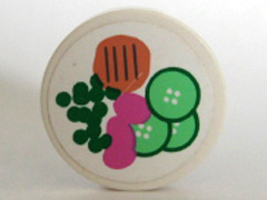 Lego Tile, Round 2 x 2 with Hamburger, Peas, Cucumber Pattern (Sticker) - Set 5895 / White