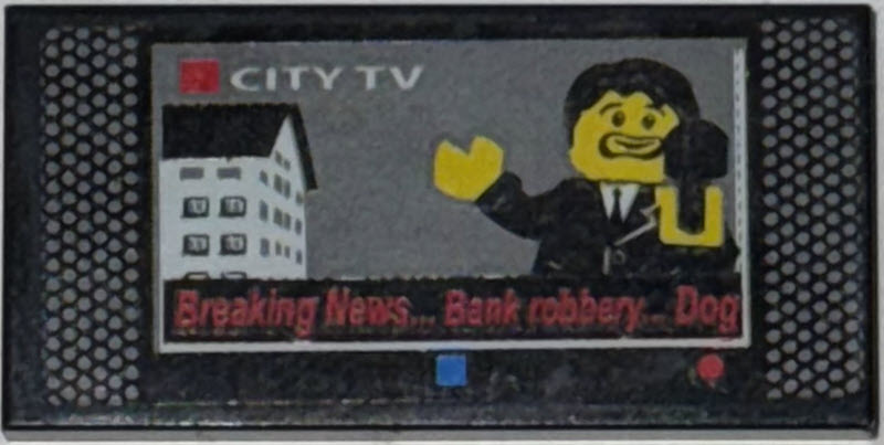 Lego Tile 2 x 4 with 'Breaking News Bank robbery Dog' City TV Screen Pattern (Sticker) - Set 7288