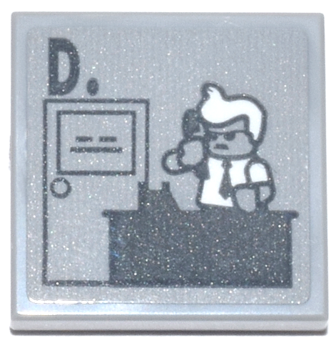 Lego Tile 2 x 2 with Dark Bluish Gray Commissioner James Gordon Minifigure with Desk and 'D.', White Hair and Shirt Pattern (Sticker) - Set 76271