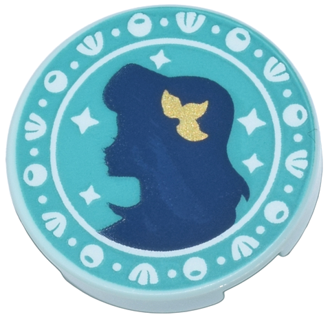 Lego Tile, Round 2 x 2 with Bottom Stud Holder with Dark Blue Ariel Silhouette, Gold Flower, and White Seashells on Dark Turquoise Background Pattern / Light Aqua