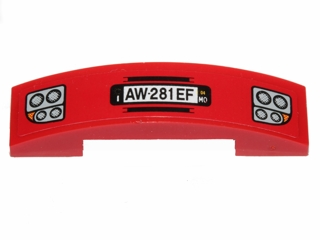 Lego Slope, Curved 4 x 1 x 2/3 Double with Headlights and 'AW-281 EF' Pattern (Sticker) - Set 30191 / Red