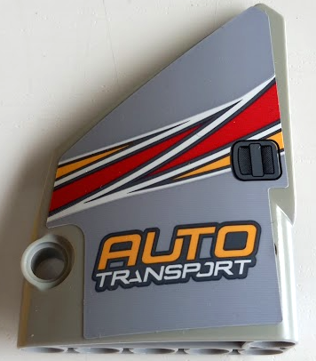 Lego Technic, Panel Fairing #13 Large Short Smooth, Side A with 'AUTO TRANSPORT' and Bright Light Orange, Red and White Curved Stripes Pattern (Sticker) - Set 42098