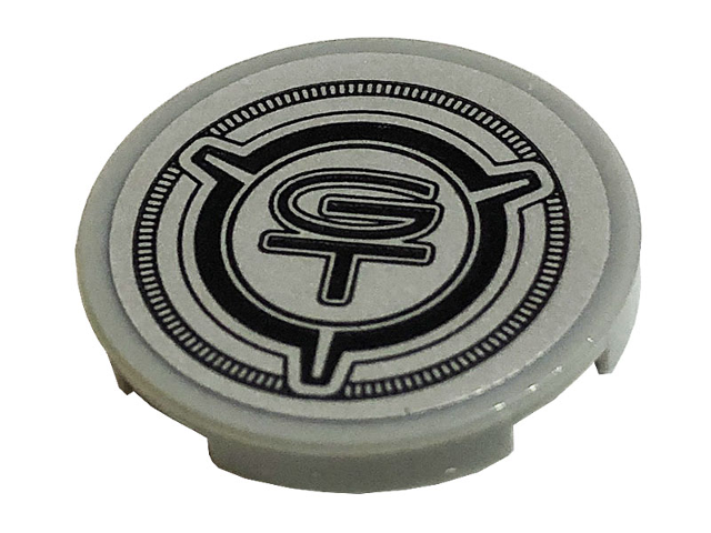Lego Tile, Round 2 x 2 with Bottom Stud Holder with Black 'GT' Pattern (Sticker) - Set 10265 / Light Bluish Gray