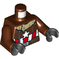 Lego Torso Jacket with Tan Fur Collar, White Star, Red and White Stripes Print (Captain America), Reddish Brown Arms, Black Hands / Reddish Brown