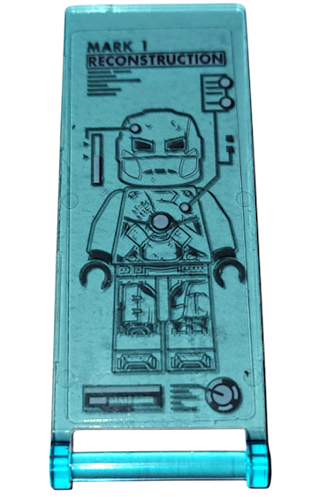 Lego Flag 7 x 3 with Bar Handle with Digital Display Screen with Dark Bluish Gray Iron Man Suit Design and 'MARK I RECONSTRUCTION' Pattern (Sticker) - Set 76216