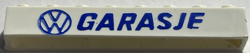 Lego Brick 1 x 8 without Bottom Tubes with Cross Side Supports with Blue Volkswagen Logo 'VW GARASJE' Pattern