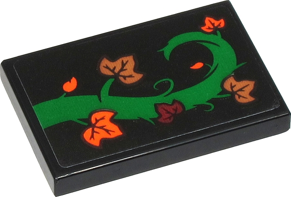 Lego Tile 2 x 3 with Green Tree Branch with Dark Red, Orange and Medium Nougat Leaves Pattern Model Left Side (Sticker) - Set 40423