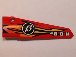 Lego Technic, Panel Fairing # 5 Long Smooth, Side A with Orange and Yellow Flames, '13' and 'V8 BOX' Pattern (Sticker) - Set 8864 / Red