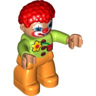 Lego Duplo Figure with Clown Hair Red, with Painted Face, 3 Buttons and Flower on Shirt Print, and Orange Legs