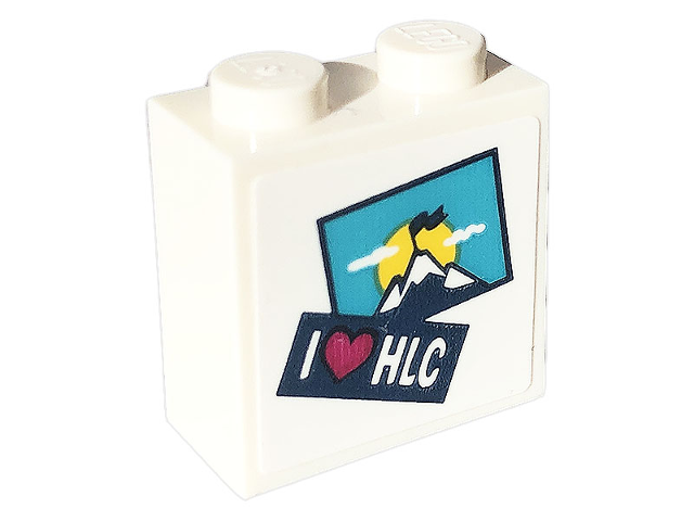 Lego Brick, Modified 1 x 2 x 1 2/3 with Studs on Side with 'I Heart HLC' and Medium Azure Postcard with Mountains, Sun, Clouds, and Flag Pattern (Sticker) - Set 41703