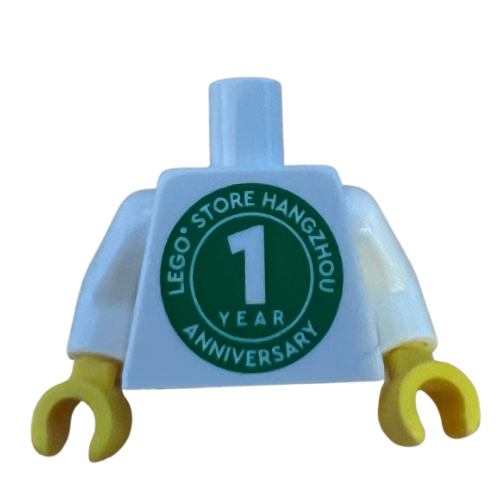 Lego Torso, 'LEGO STORE HANGZHOU 1 YEAR ANNIVERSARY' / LEGO Logo Back Print, White Arms, Yellow Hands / White