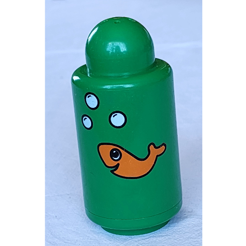 Lego Primo Brick Round 1 x 1 x 2 with Shaker Top, Orange Fish and Bubbles Print / Green