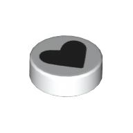 Lego Tile Round 1 x 1 with Black Heart Print / White