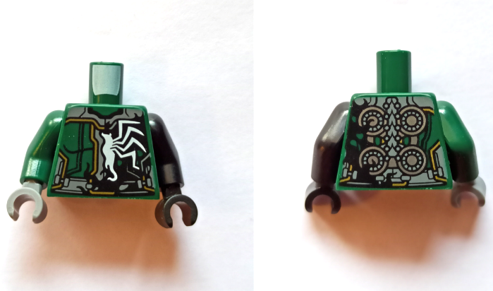 Lego Torso Half Armor / Venom with Dark Bluish Gray and Green Panels, Gold Accents, Silver Circles on Back and Black Smudge Pattern / Black Arm Left / Dark Green Arm Right / Black Hand Left / Dark Bluish Gray Hand Right