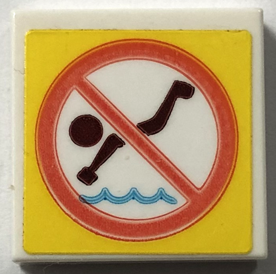 Lego Tile 2 x 2 with Coral and Yellow No Diving Sign Pattern (Sticker) - Set 41720 / White