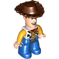 Lego Duplo Figure with Cowboy Hat, Blue Legs, and Cow Skin Vest Print (Woody)