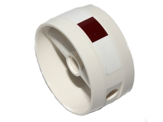 Lego Cylinder 4 x 4 x 1 2/3 with Pin Holes and Center Bar with Dark Red Rectangle with White Sides Pattern (Sticker) - Set 75004