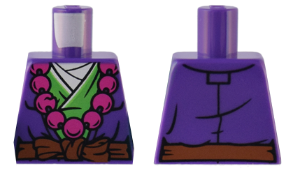 Lego Torso Robe over Bright Green Robe, Reddish Brown Sash with Knot, Necklace with Large Magenta Beads Pattern / Dark Purple