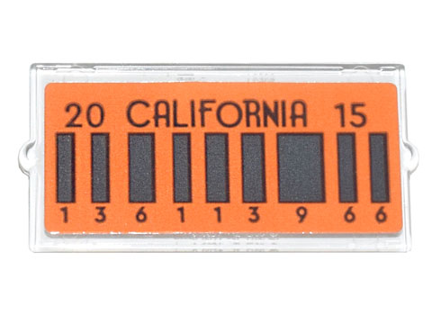 Lego Glass for Window 1 x 2 x 3 with License Plate 'CALIFORNIA' '20' '15' and Dark Bluish Gray Barcode and '136113966' Pattern (Sticker) - Set 10300 / Trans-Clear