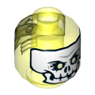 Lego Minifig Head Scythe Master Ghoultar, Skull Mask with White Face and Teeth, Yellowish Green Eyes / Metal Patch Print / Trans-Neon Green